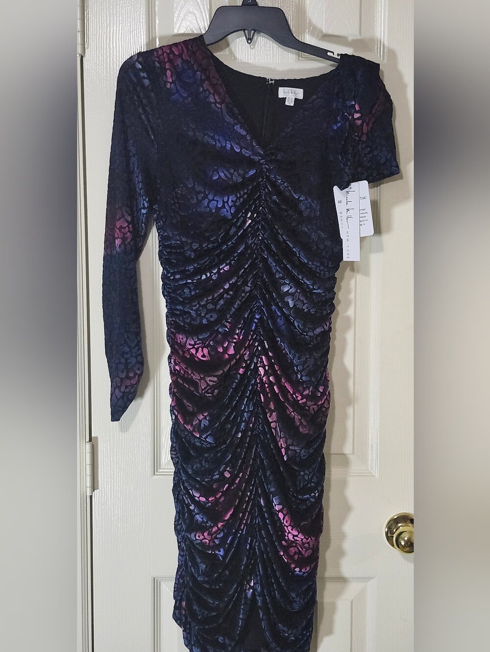 Nicole Miller Black Velvet Ruched Midi Dress with Purple Accents
